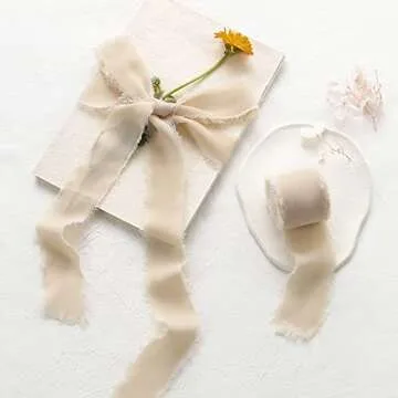 JEDIA Chiffon Ribbon, 3 Rolls Champagne Beige Ribbon for Gift Wrapping, 1.5" x 7Yd Chiffon Ribbon Set for Wedding, Bouquet Wrap, Bridal Bouquets, Wedding Invitations, DIY Crafts