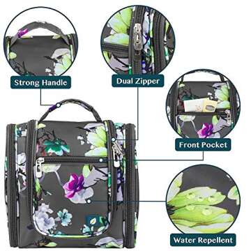 PAVILIA Toiletry Bag Travel Bag for Women Men, Hanging Cosmetic Organizer, Water Resistant Makeup Bag for Accessories Toiletries, Large Travel Essentials Kit (Floral Grey)