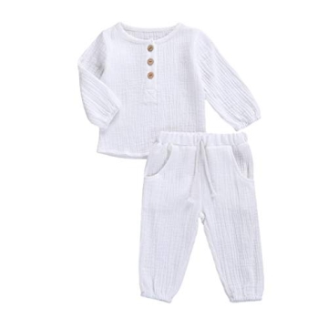 Toddler Baby Boy Girl Cotton Linen Pants Set Solid Long Sleeve T Shirt Top Drawstring Elastic Waist ...