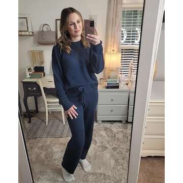 luvamia Women's Casual Fuzzy Fleece Knitted Pajama Set Two Pieces Long Pj Sets Joggers Loungewear Sleepwear Nightwear Womens Pajamas Set Cute Sets For Women Outfits Two Piece Outfit Navy Blue Large