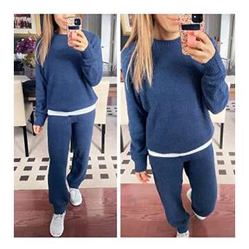 luvamia Women's Casual Fuzzy Fleece Knitted Pajama Set Two Pieces Long Pj Sets Joggers Loungewear Sleepwear Nightwear Womens Pajamas Set Cute Sets For Women Outfits Two Piece Outfit Navy Blue Large