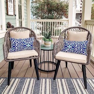 PHI VILLA 3-Piece Patio Conversation Bistro Chat Set All-Weather Wicker Outdoor Furniture for Small ...