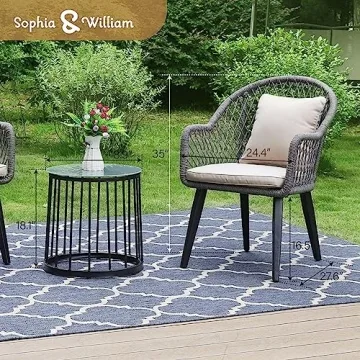 PHI VILLA 3-Piece Patio Conversation Bistro Chat Set All-Weather Wicker Outdoor Furniture for Small Patio, Porch, Balcony w/ 2 Wide Ergonomic Chairs, Glass Top Side Table (Grey)