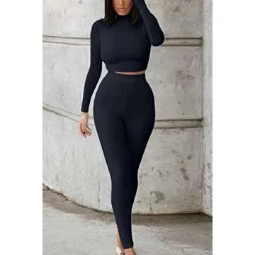 Mulisky Women’s Casual 2 Piece Outfits Sexy Bodycon Long Sleeve Crop Top with Long Pants Tracksuit Set Jumpsuits Black L