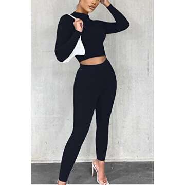Mulisky Women’s Casual 2 Piece Outfits Sexy Bodycon Long Sleeve Crop Top with Long Pants Tracksuit Set Jumpsuits Black L