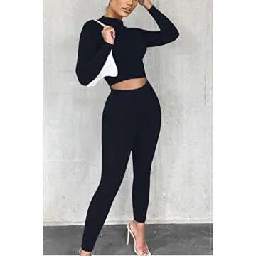 Mulisky Women’s Casual 2 Piece Outfits Sexy Bodycon Long Sleeve Crop Top with Long Pants Tracksuit Set Jumpsuits Black L