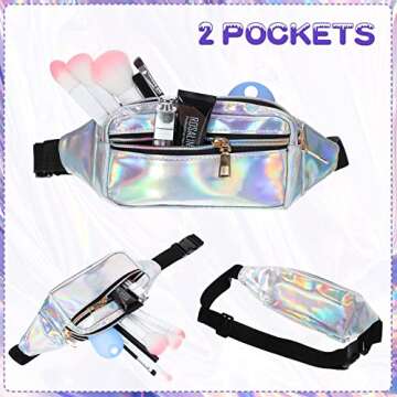 2 Pieces Fanny Pack Shiny Holographic Rave Cute Fanny Pack Waterproof Neon Waist Bags Adjustable for Women Festival Party Travel Hiking Outdoor Activities (Silver, Pink, Medium)