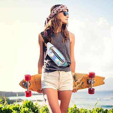 2 Pieces Fanny Pack Shiny Holographic Rave Cute Fanny Pack Waterproof Neon Waist Bags Adjustable for Women Festival Party Travel Hiking Outdoor Activities (Silver, Pink, Medium)