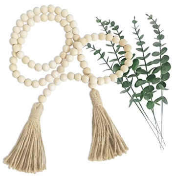 Farmhouse 59in Wooden Bead Garland with Eucalyptus Stems
