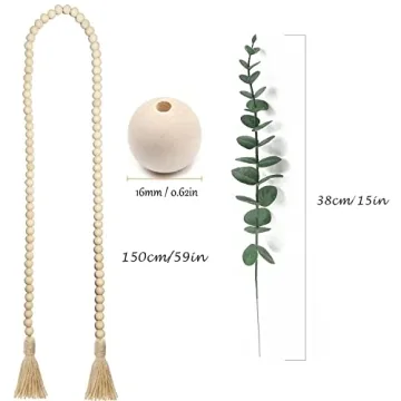 Farmhouse 59in Wooden Bead Garland with Eucalyptus Stems