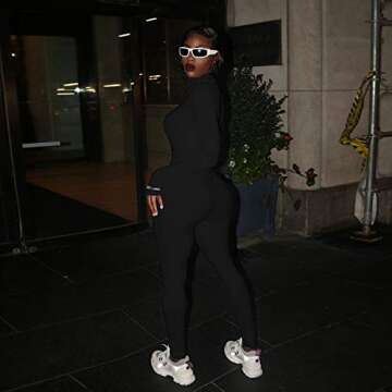 MEALIYA Women Embroidery Zipper High Neck Bodycon Jumpsuit Outfit Long Sleeve Rompers