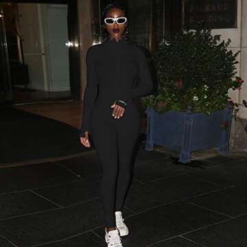 MEALIYA Women Embroidery Zipper High Neck Bodycon Jumpsuit Outfit Long Sleeve Rompers