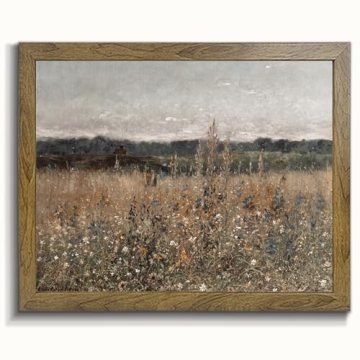 Wildflower Field Landscape Picture - Vintage Landscape Art Print, Country Field Wall Art - Framed Ca...