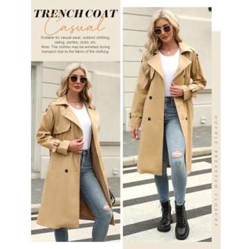 Uikue Trench Coat Women Double Breasted Windproof Classic Lapel Belted Long Outerwear Overcoat with ...
