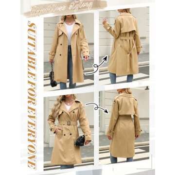 Uikue Trench Coat Women Double Breasted Windproof Classic Lapel Belted Long Outerwear Overcoat with Belt(Khaki,S)