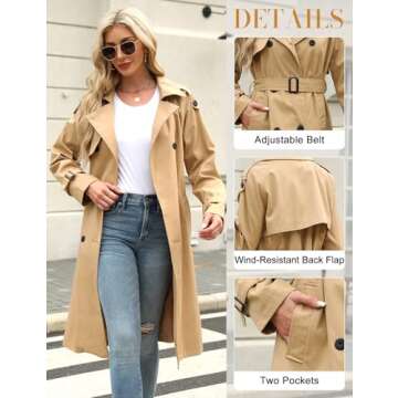 Uikue Trench Coat Women Double Breasted Windproof Classic Lapel Belted Long Outerwear Overcoat with Belt(Khaki,S)