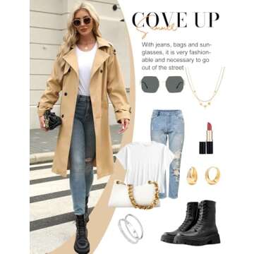 Uikue Trench Coat Women Double Breasted Windproof Classic Lapel Belted Long Outerwear Overcoat with Belt(Khaki,S)