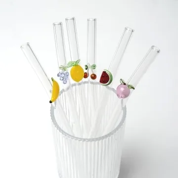 Glass Straws Shatter Resistant with Fruit Charms - Reusable, Cute, Short, Clear Glass Straws for Smo...