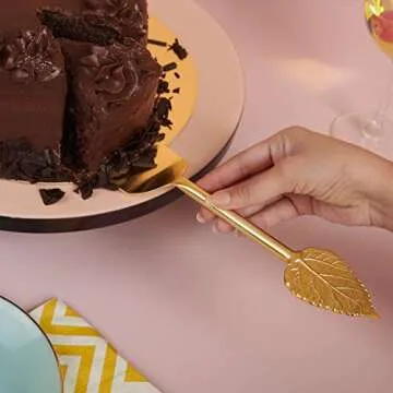 Folkulture Wedding Cake Knife and Server Set, Stainless Steel Cake Cutting Set or Pie Patry Serving Set, Large 2-piece Dessert Set, Gold Leaf