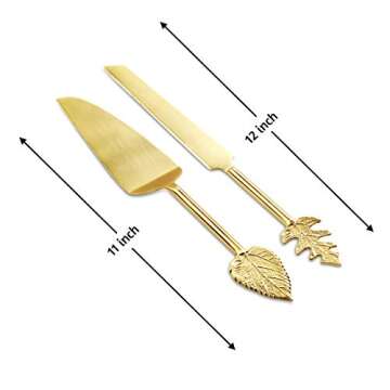 Folkulture Wedding Cake Knife and Server Set, Stainless Steel Cake Cutting Set or Pie Patry Serving Set, Large 2-piece Dessert Set, Gold Leaf