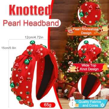 Christmas Headband for Women Pearl Knotted Headband Xmas Red Green Pearl Rhinestone Crystal Jeweled ...