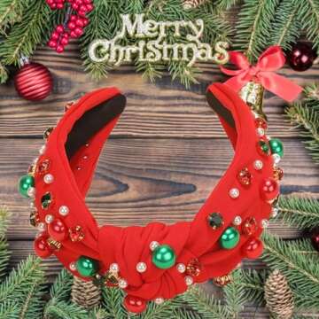 Christmas Headband for Women Pearl Knotted Headband Xmas Red Green Pearl Rhinestone Crystal Jeweled Hairband Fashion Elegant Ladies Wide Top Knot Hair Bands Headpiece Holiday Outfits Gifts (Red)
