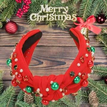 Christmas Headband for Women Pearl Knotted Headband Xmas Red Green Pearl Rhinestone Crystal Jeweled Hairband Fashion Elegant Ladies Wide Top Knot Hair Bands Headpiece Holiday Outfits Gifts (Red)