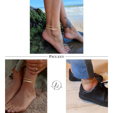 Picuzzy Anklets for Women Waterproof 14k Gold Plated Ankle Bracelets for Women Cuban Link Beaded Herringbone Paperclip Cute Beach Anklet Set Fashion Summer Foot Jewelry Gift for Women