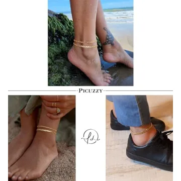 Picuzzy Anklets for Women Waterproof 14k Gold Plated Ankle Bracelets for Women Cuban Link Beaded Herringbone Paperclip Cute Beach Anklet Set Fashion Summer Foot Jewelry Gift for Women