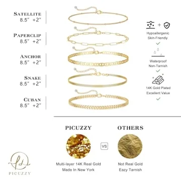 Picuzzy Anklets for Women Waterproof 14k Gold Plated Ankle Bracelets for Women Cuban Link Beaded Herringbone Paperclip Cute Beach Anklet Set Fashion Summer Foot Jewelry Gift for Women