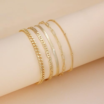 Picuzzy Anklets for Women Waterproof 14k Gold Plated Ankle Bracelets for Women Cuban Link Beaded Herringbone Paperclip Cute Beach Anklet Set Fashion Summer Foot Jewelry Gift for Women