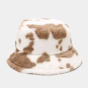 Winter Plush Bucket Hat for Women Cow Print Fuzzy Bucket Caps Casual Warm Faux Fur Fisherman Hats (B...