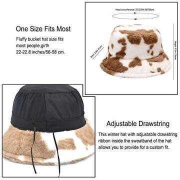 Winter Plush Bucket Hat for Women Cow Print Fuzzy Bucket Caps Casual Warm Faux Fur Fisherman Hats (Brown (Cow Print)) 3