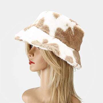 Winter Plush Bucket Hat for Women Cow Print Fuzzy Bucket Caps Casual Warm Faux Fur Fisherman Hats (Brown (Cow Print)) 3
