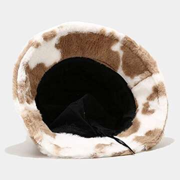 Winter Plush Bucket Hat for Women Cow Print Fuzzy Bucket Caps Casual Warm Faux Fur Fisherman Hats (Brown (Cow Print)) 3