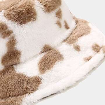 Winter Plush Bucket Hat for Women Cow Print Fuzzy Bucket Caps Casual Warm Faux Fur Fisherman Hats (Brown (Cow Print)) 3