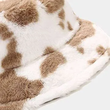 Winter Plush Bucket Hat for Women Cow Print Fuzzy Bucket Caps Casual Warm Faux Fur Fisherman Hats (Brown (Cow Print)) 3