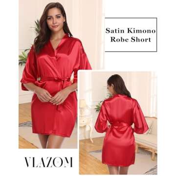 Vlazom Women's Kimono Robes Short Satin Silk Bridal Party Robe with Oblique V-Neck