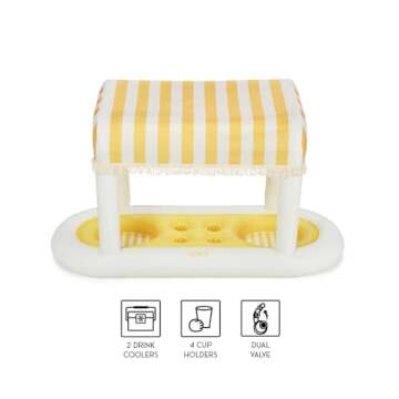 Giant Floating Yellow Cabana Stripe Drink Station, Removable Fabric Shade with Fringe, Perfect for P...