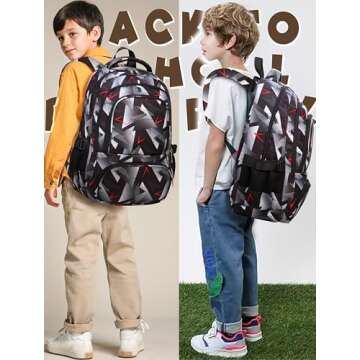 BLUEFAIRY Kids Backpack for Boys School Bookbags for Elementary Primary Middle School Bags Book Bags for Teens Adolescentes Childs Back to School Gifts Mochilas para Niños Aged 8-10 Geometric Grey