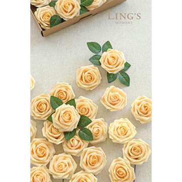 Ling’s Moment Artificial Flowers 50Pcs Creamy Yellow Roses Decor w/Stems,3" Real Touch DIY Foam Floral for Wedding Bouquet/Centerpieces, Outdoors Party Backdrop, Room/Table, and Garden/Pot Decorations