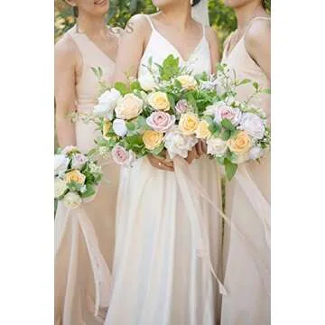 Ling’s Moment Artificial Flowers 50Pcs Creamy Yellow Roses Decor w/Stems,3" Real Touch DIY Foam Floral for Wedding Bouquet/Centerpieces, Outdoors Party Backdrop, Room/Table, and Garden/Pot Decorations