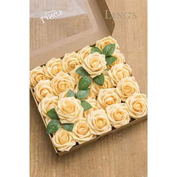 Ling’s Moment Artificial Flowers 50Pcs Creamy Yellow Roses Decor w/Stems,3" Real Touch DIY Foam Floral for Wedding Bouquet/Centerpieces, Outdoors Party Backdrop, Room/Table, and Garden/Pot Decorations