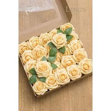 Ling’s Moment Artificial Flowers 50Pcs Creamy Yellow Roses Decor w/Stems,3" Real Touch DIY Foam Floral for Wedding Bouquet/Centerpieces, Outdoors Party Backdrop, Room/Table, and Garden/Pot Decorations