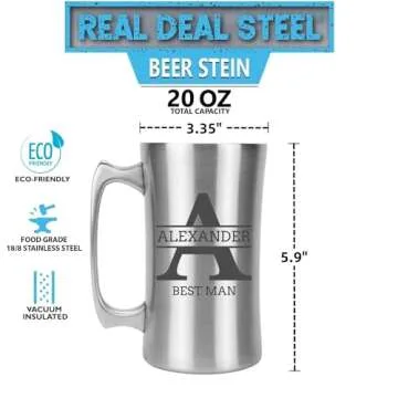 Personalized Beer Mug: Custom Engraved Stainless Steel Stein for Men, Groomsmen, Dad - Large 20 oz, Laser Engraved Beer Glass
