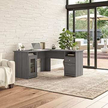Bush Furniture Cabot L Shaped Computer Desk in Modern Gray | Corner Table with Drawers and Storage f...