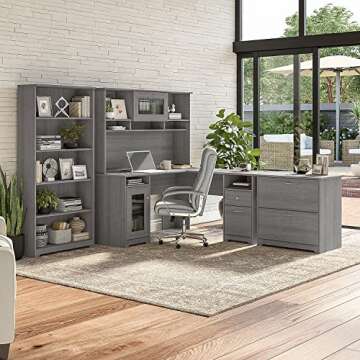 Bush Furniture Cabot L Shaped Computer Desk in Modern Gray | Corner Table with Drawers and Storage for Personal Home Office Workspace