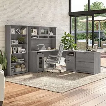 Bush Furniture Cabot L Shaped Computer Desk in Modern Gray | Corner Table with Drawers and Storage for Personal Home Office Workspace