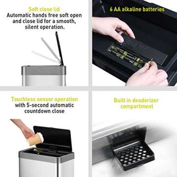 EKO Mirage-X 47 Liter / 12.4 Gallon Touchless Rectangular Motion Sensor Trash Can with Removable Lin...