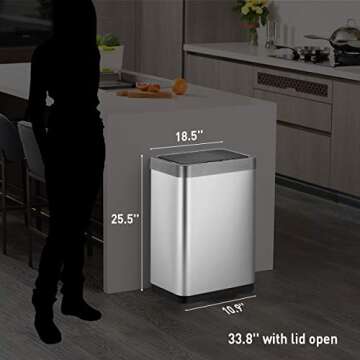 EKO Mirage-X 47 Liter / 12.4 Gallon Touchless Rectangular Motion Sensor Trash Can with Removable Liner, Brushed Stainless Steel Finish